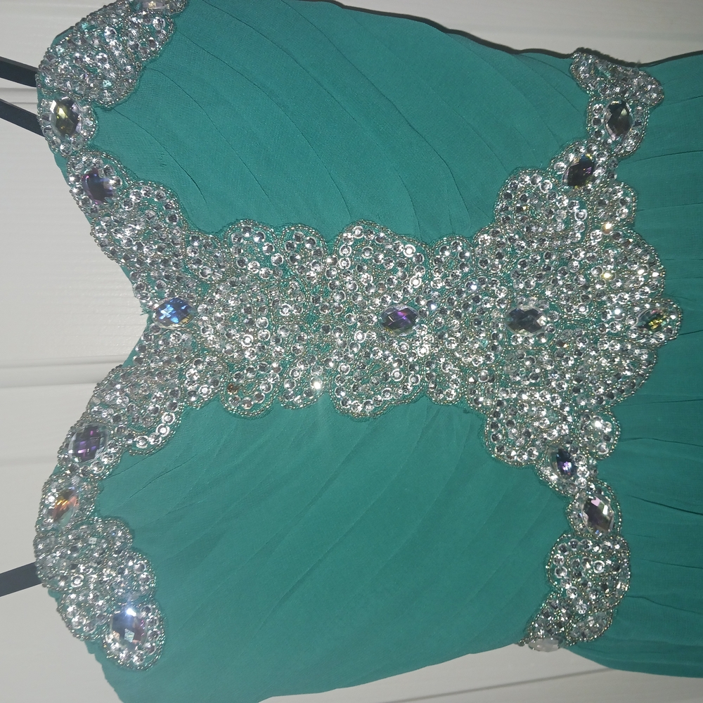 Elegant Teal Dress with Silver Embellishments